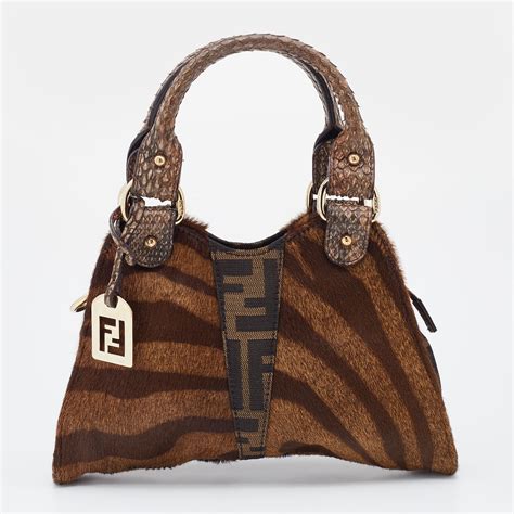 Fendi Black & Brown Calf Hair B Zucca Vintage Bag .